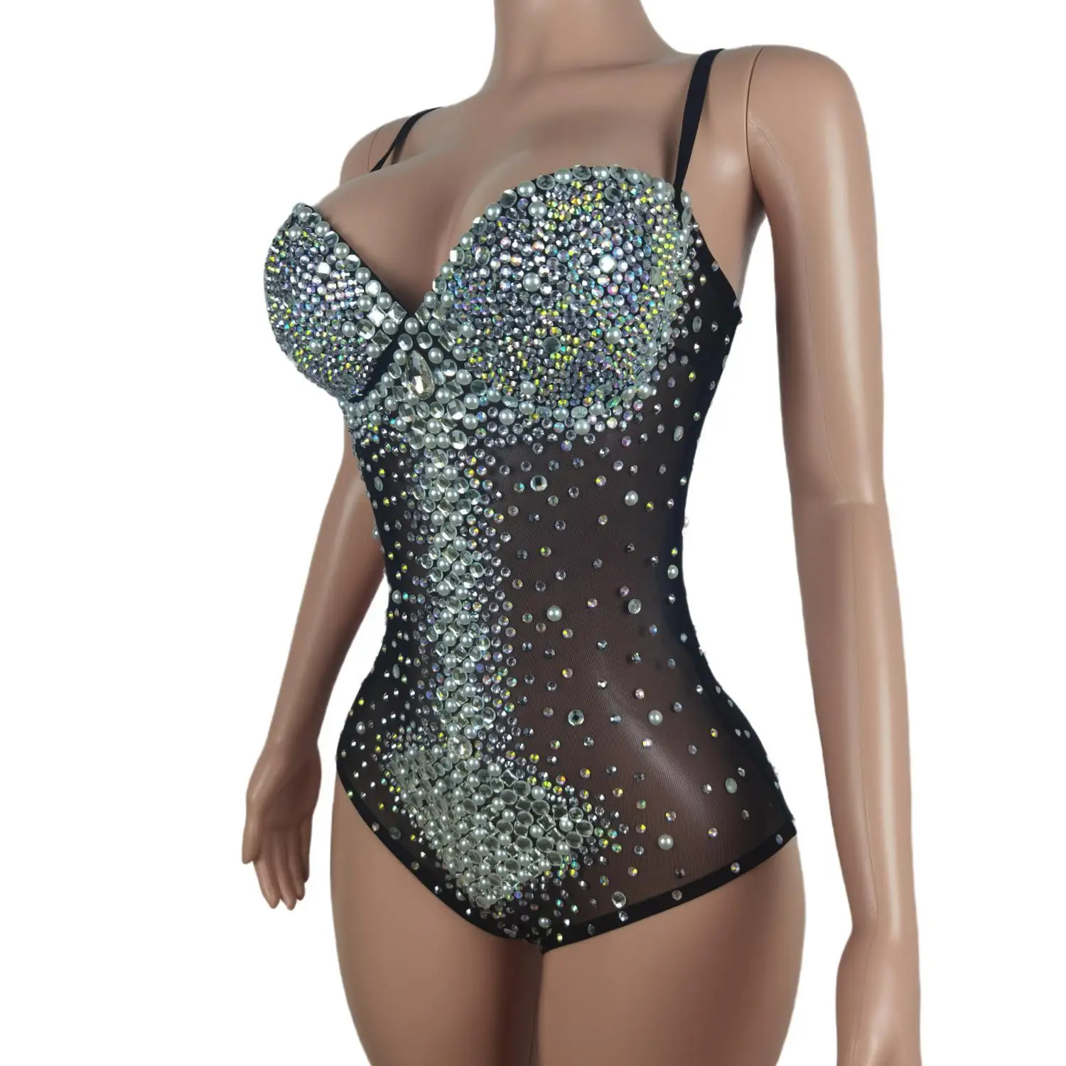 Rhinestone Pearl Sexy Jumpsuit Stretch Bodysuit Outfit Female Singer Dance Nightclub Wear Birthday Performance Costume Yemingzhu