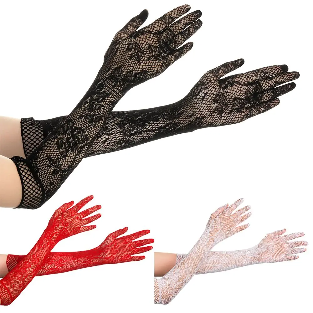 

A Pair of Wedding Bride Stretchy Mesh Floral Fancy Dress Christmas Halloween Gloves Lace Gloves Gothic Punk Mittens