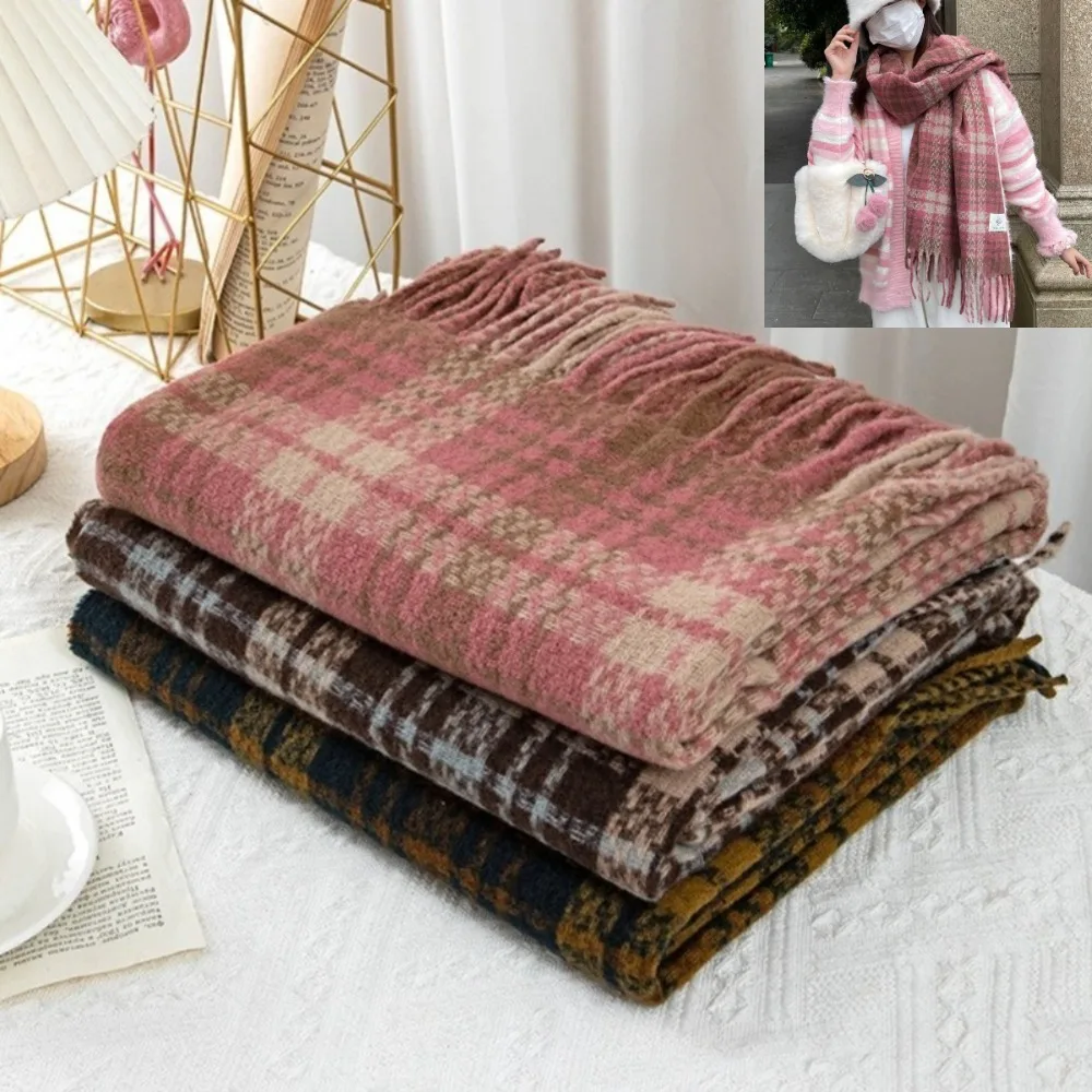 

New Warm Vintage Plaid Scarve Thicked Soft Winter Cashmere Scarf Colorful Tassel Neck Scarf for Women Girls Maiden