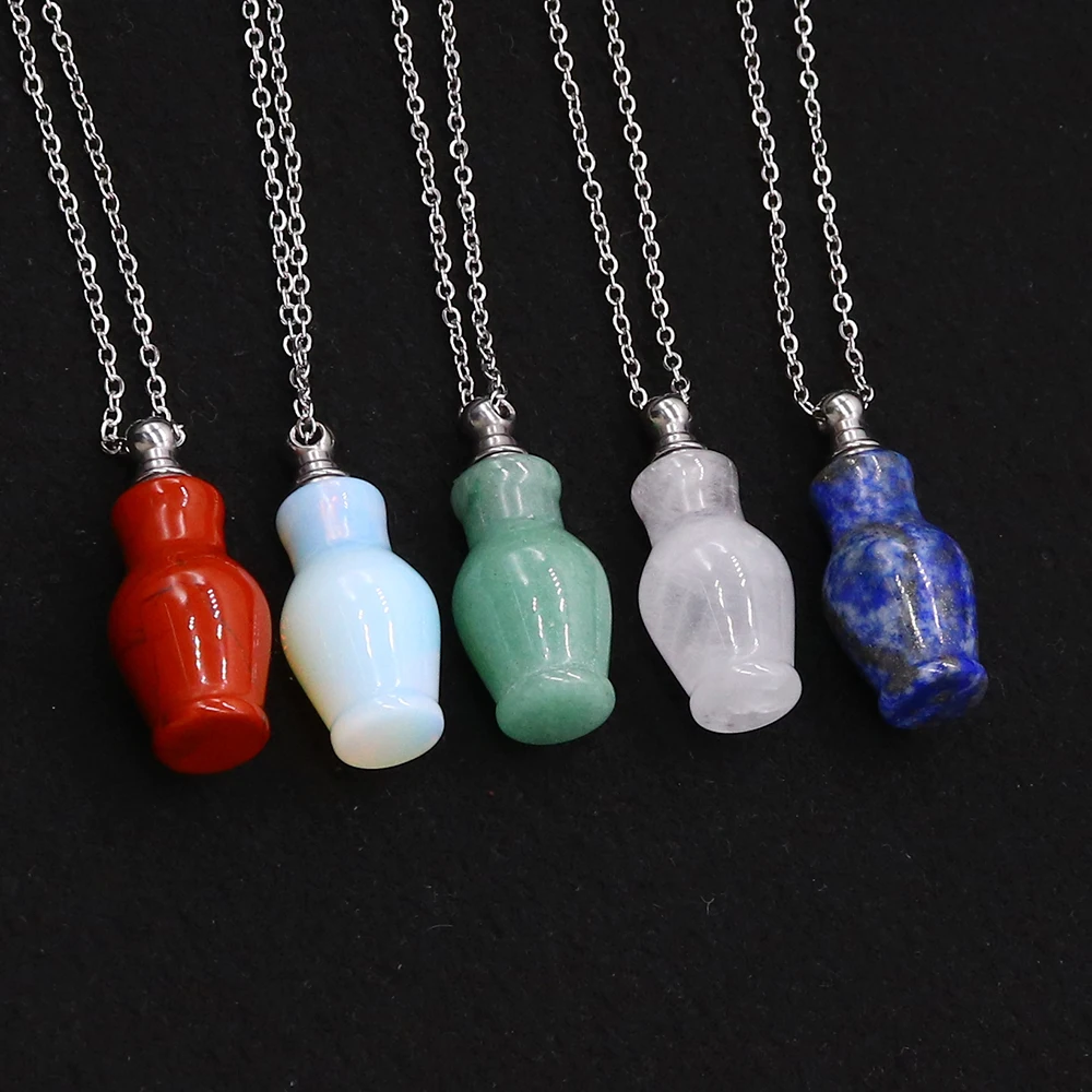 

Charm Natural Stone Pendant Necklace Fluorite Amethyst Perfume Bottle Essential Oil Diffuser Necklace Jewelry Accessories