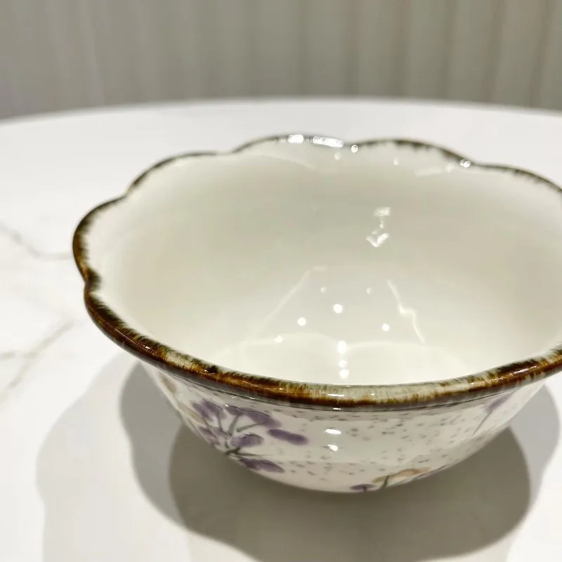 Purple Retro Elegant Flower Pattern Ceramic Rice Bowl, High-end Simple Texture Ceramic Bowl Rice BowlX9