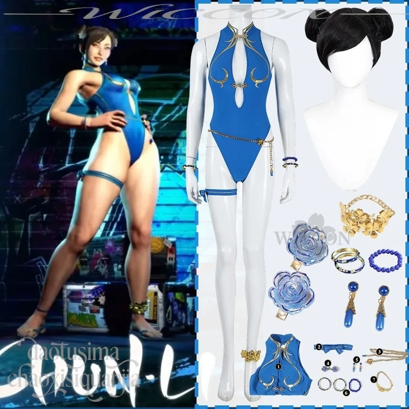 

Chunli Final Fight 6 Anime Game Cosplay Sexy Blue Sukumizu High Slit Bikini Hollowed Out Lingerie Swimsuit Wigs Party Outfit
