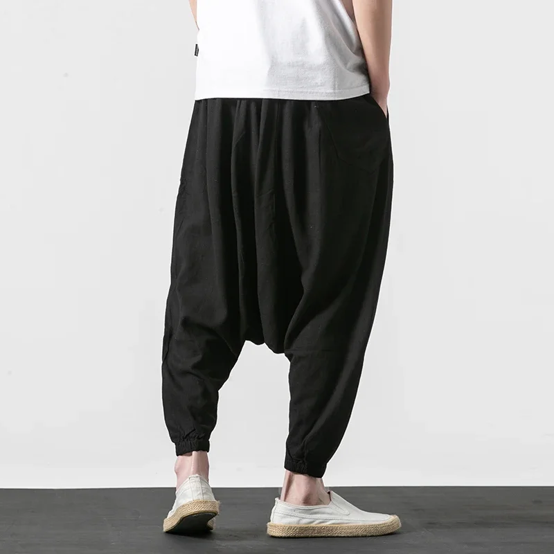 Men Wide Legs Pants Baggy Harem Pants Men Solid Black Trousers Male HipHop Joggers man streetwear hip hop linen Cross-pants