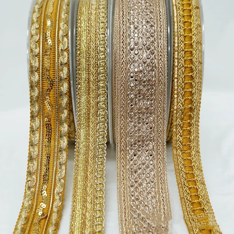 Gold Thread Lace Trim Ribbon Webbing, Ethnic Style Clothing Embroidery, Sequin Fabric, Jacquard Accessories, 1 Yards