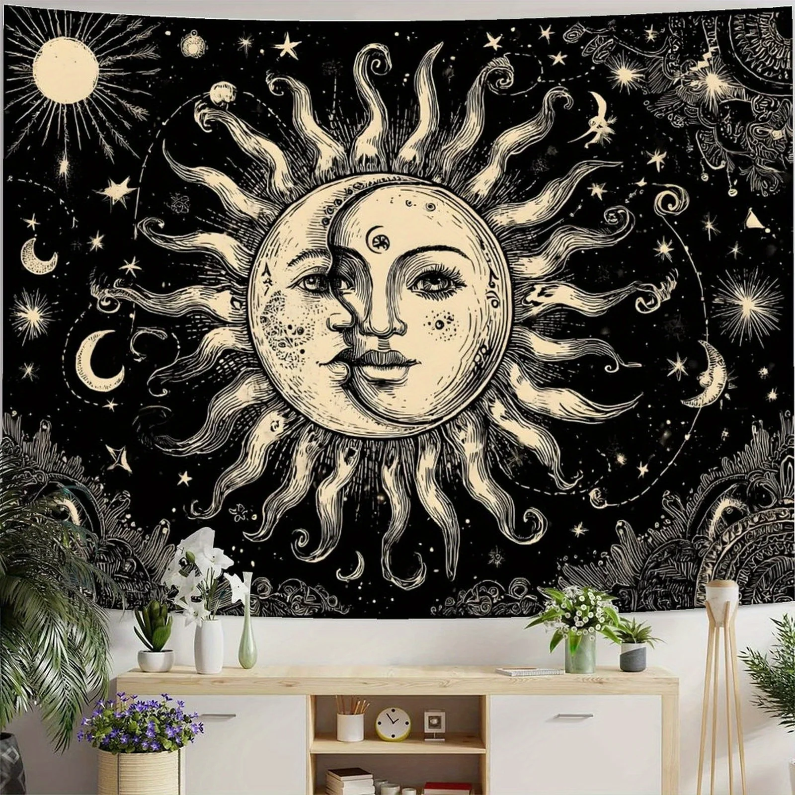 Sun and Moon Tapestry Wall Hanging Celestial Face Sun Moon Star Psychedelic Art Fabric Poster for Living Room Bedroom Home Deco
