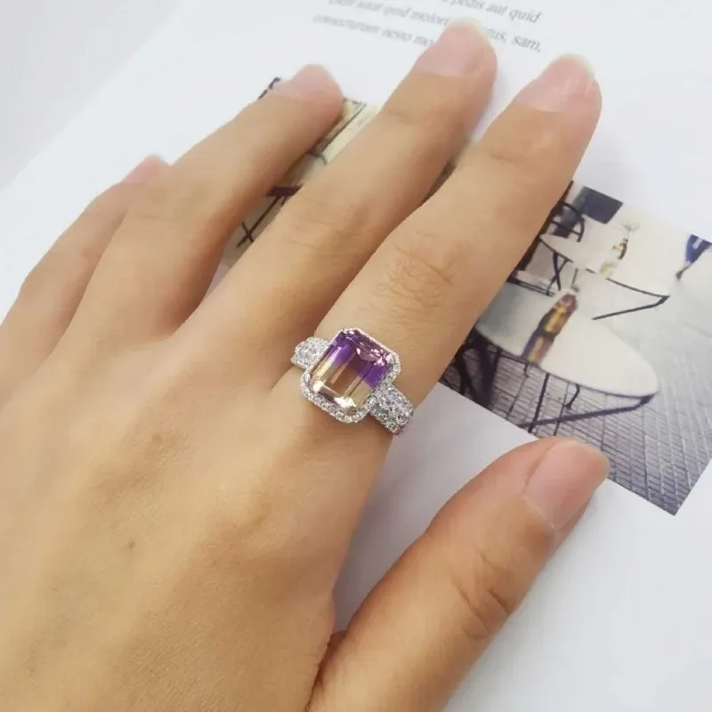 SACE GEMS Fashion Resizable 8*10MM Natural Ametrine Rings for Women 925 Sterling Silver Wedding Party Fine Jewelry Festival Gift