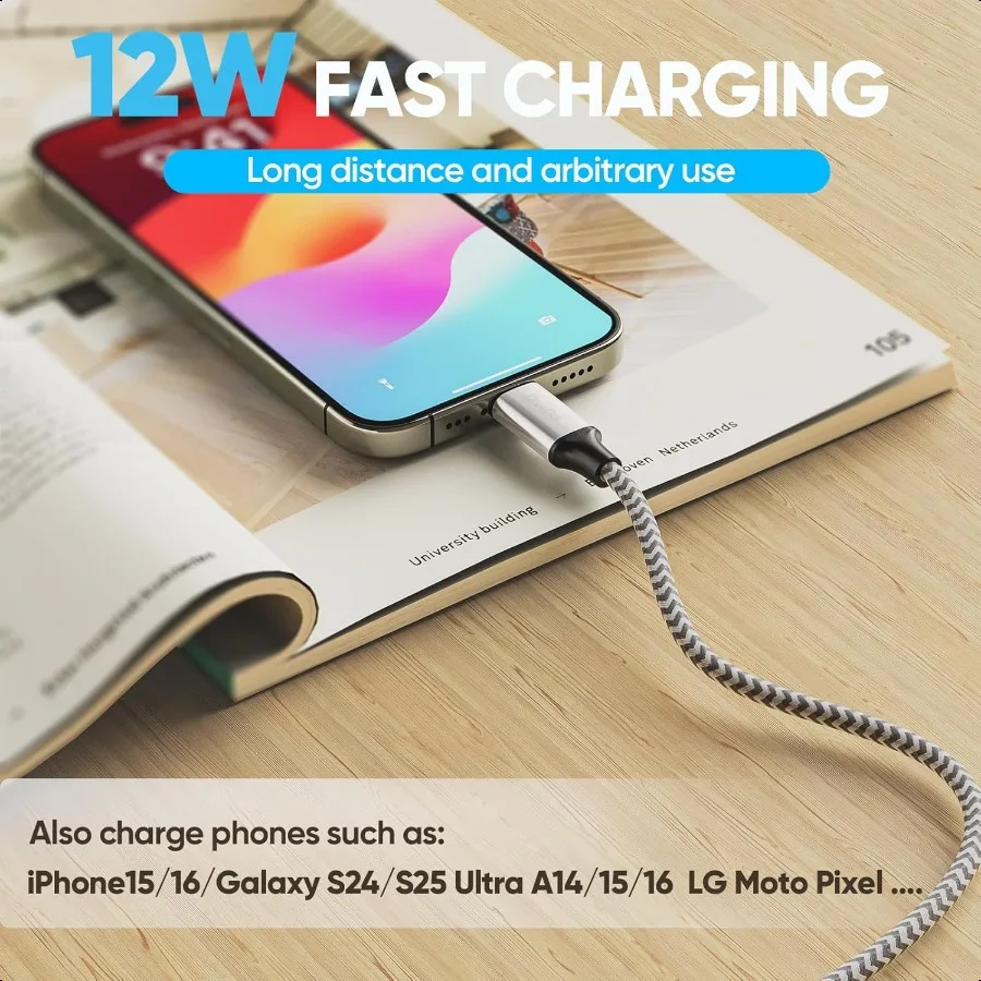 كابل USB C بطول 20 قدم طويل USB A 2.0 إلى النوع C 12 وات سلك نقل بيانات للشحن السريع متوافق مع وحدة تحكم Xbox PS5 iPhone 16 1