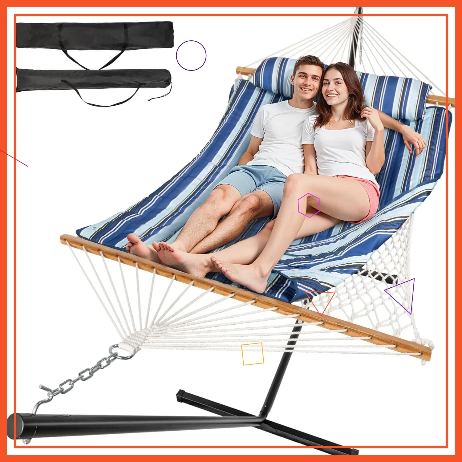 Factory Direct 2026 2 Person Hammock with Stand, Cotton Rope, Adjustable Steel Frame, Portable w/ Carry Bag for Patio, Backyard,