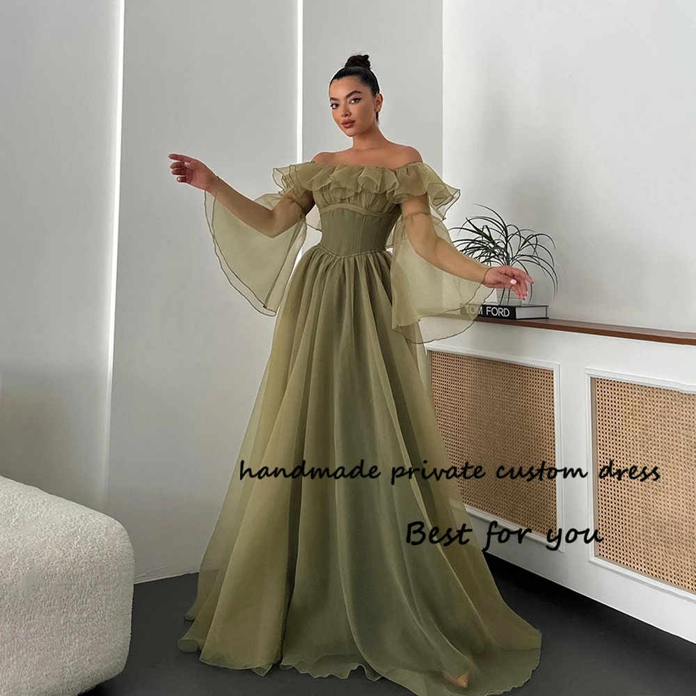 

Sage Green Organza Fairy Prom Party Dresses Off Shoulder A Line Formal Dress 3/4 Sleeve Princess Evening Party Gowns
