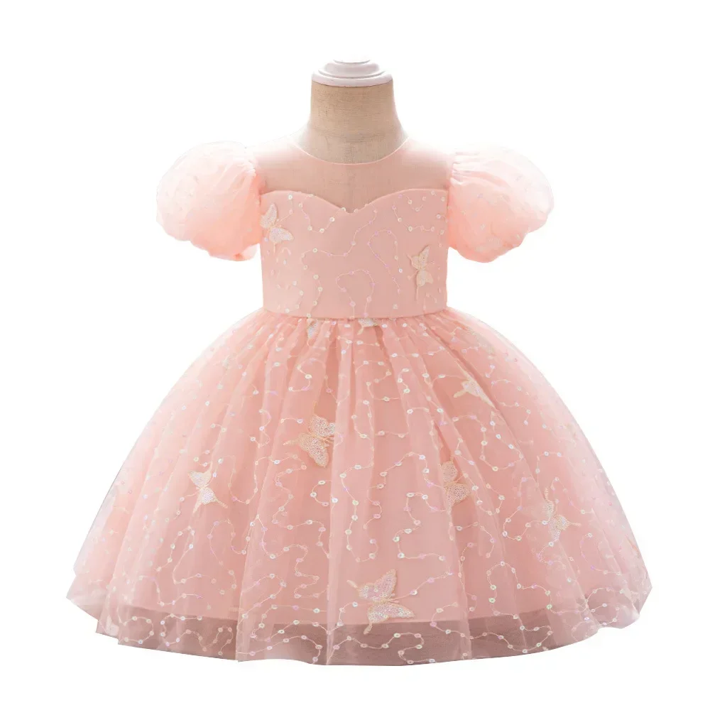 Summer Pink Butterfly Girl Party Dress for Baby Tulle 1st Birthday Princess Prom Gown Toddler Sequin Tutu Kids Clothing Costumes