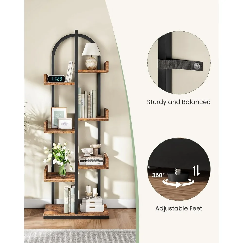 رف كتب منحني مكون من 6 طبقات مع أمان مضاد للطرف، وأقدام قابلة للتعديل، وأرفف متداخلة لغرفة المعيشة المنزلية، وحلول تخزين غرفة النوم