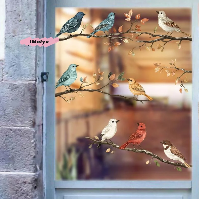 M-1Pc Watercolor Simulation Bird Branches Window Stickers Removable For Bedroom Home Decoration
