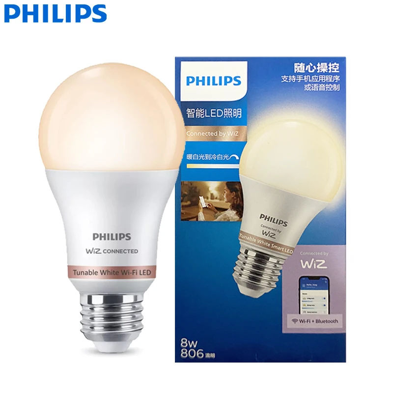 Philips A60 E27 Smart LED Bulb 8W 220-240V Wi-Fi WiZ App Controlled Tunable White Warm-Cool White EyeComfort Dimmable