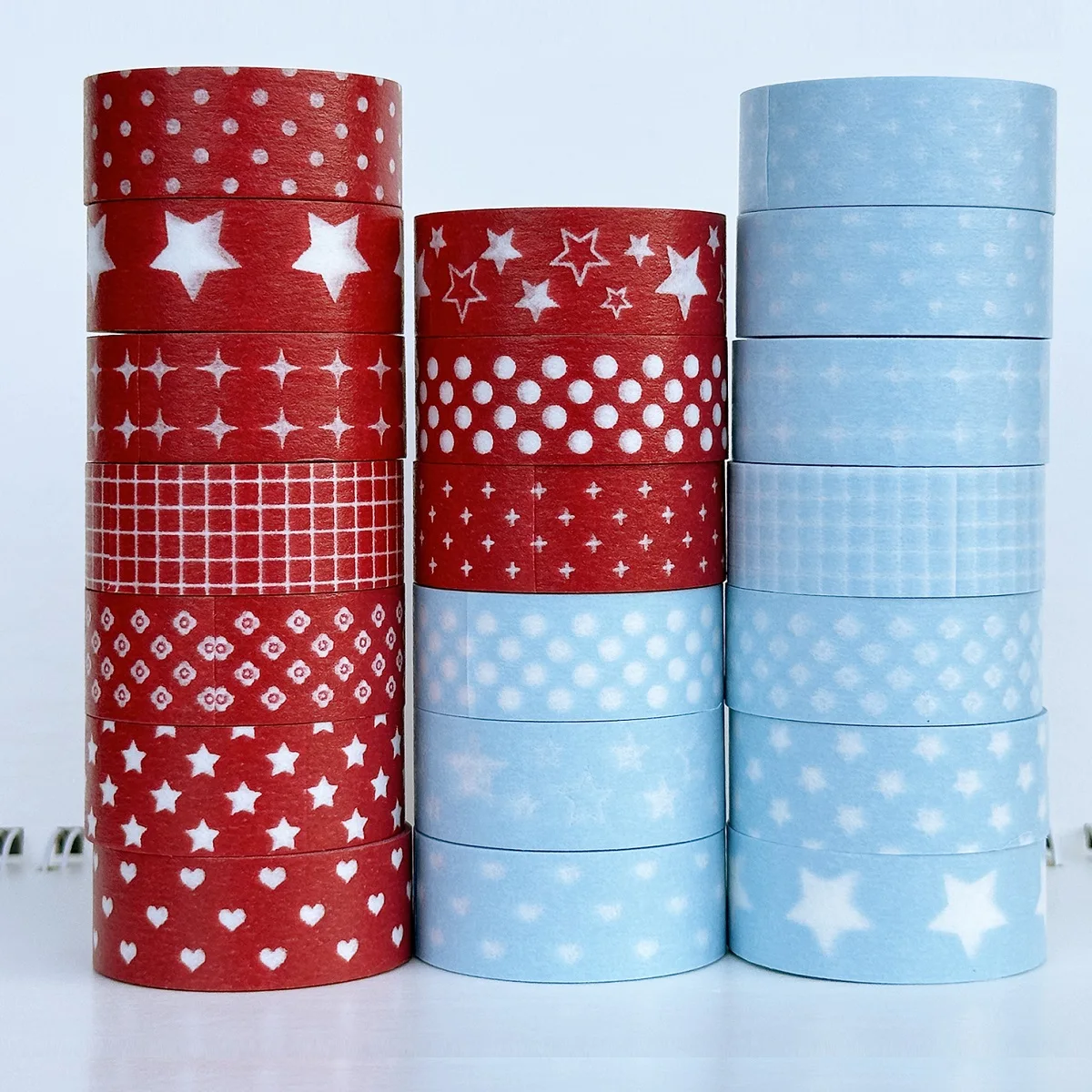 Red and light blue background washi tape grid / heart /dot / star basic design for journaling book decoration