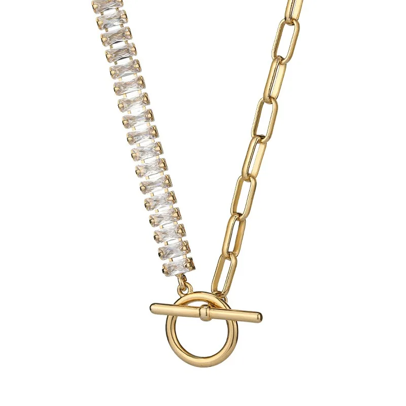 Colar curto feminino assimétrico de aço titânio zircão, colar estilo metal, corrente simples de clavícula