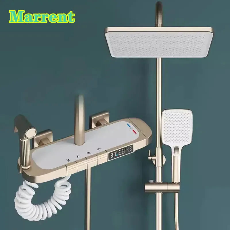 New Arrival Home Hot and Cold Bathroom Shower System with Led Digital Screen Four Ways Brass Bathroom Wall Mount Shower Faucet