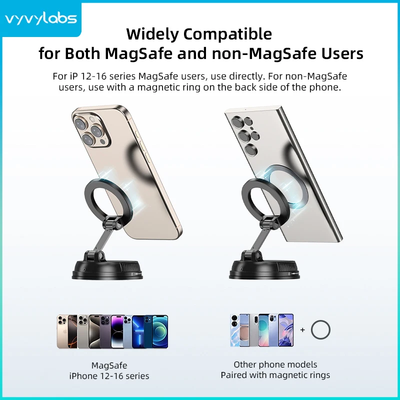 VYVYLABS Universal Car Cellphone Holder Magsafe Foldable 360° Rotation Suction Cup-Car Phone Holder Accessory for Vehicle Use