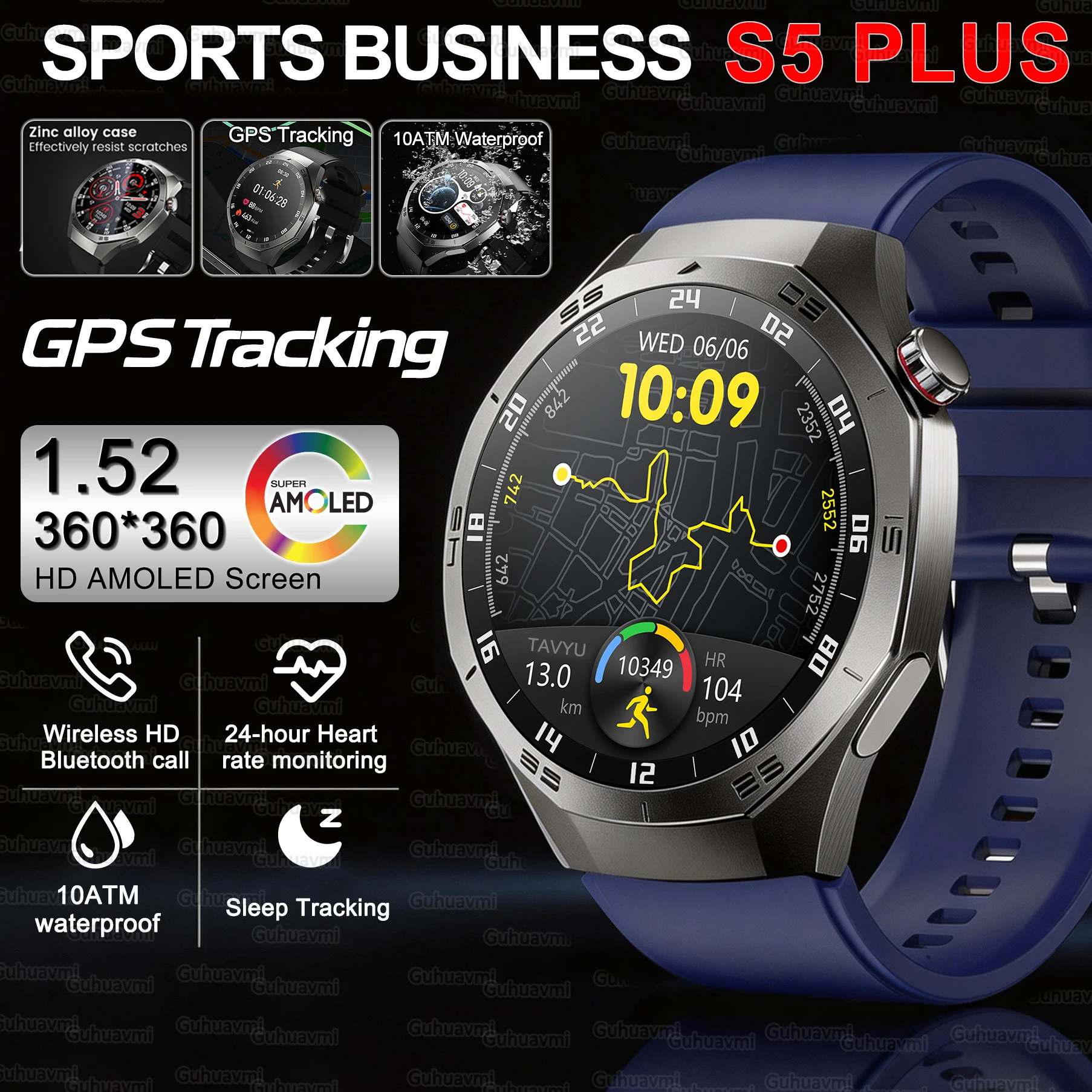 

Умные часы S5 PLUS с GPS-трекингом, AMOLED-экраном 1.52" 360*360, водонепроницаемостью 10ATM, Bluetooth-звонками, круглосуточным мониторингом сердечного ритма, спортивные смарт-часы