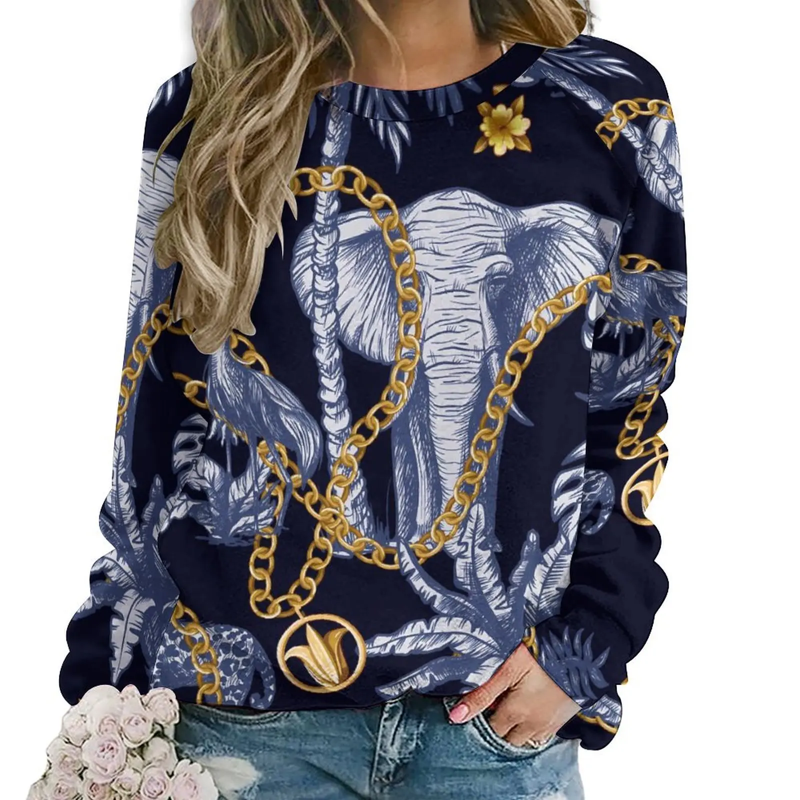 

Gold Chains Print Hoodies Lady Elephant And Tiger Classic Casual Hoodie Long Sleeve Elegant Custom Sweatshirts Big Size 2XL 3XL