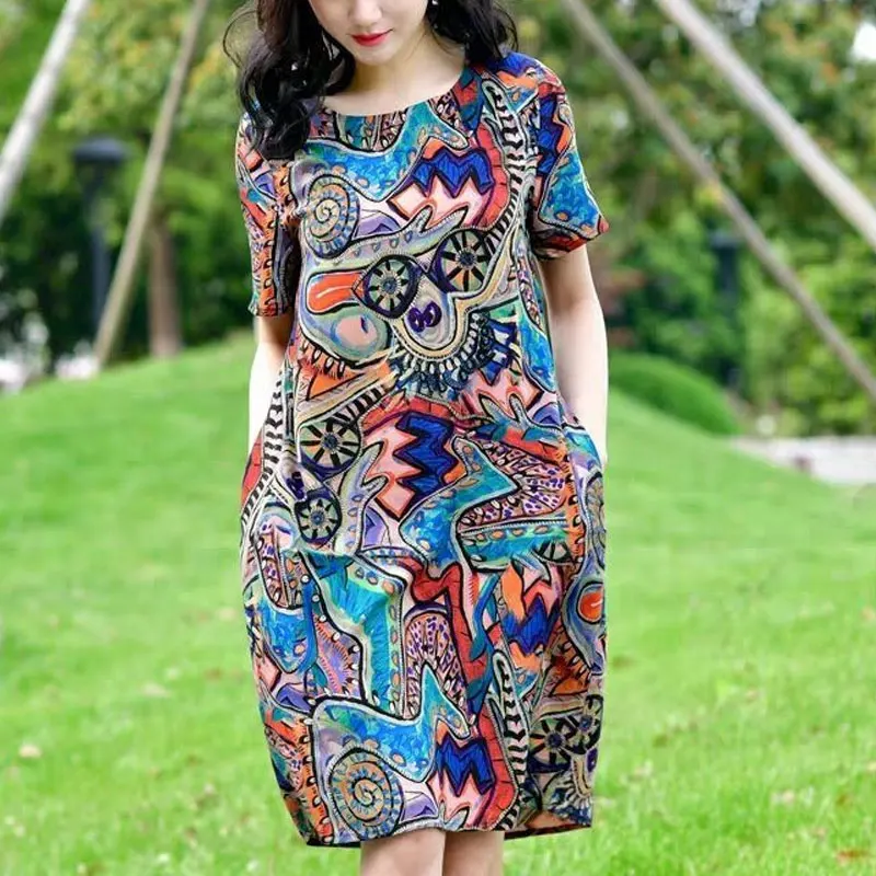 Folk Abstract Oil Painting Midi Dress Vintage Summer Casual Round Neck Female Clothing A-Line Waist Casual Short Sleeve Dresses