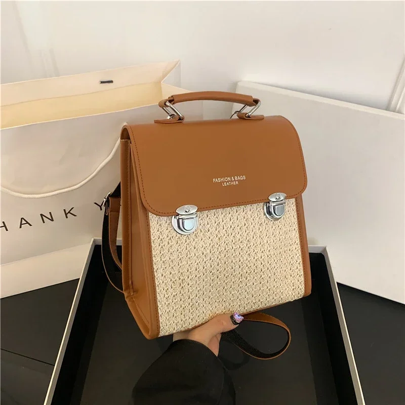 High Quality PU Straw Fashion Backpack Simple Versatile Crossbody Bags for Women 2024 Designer New Summer Large Capacity