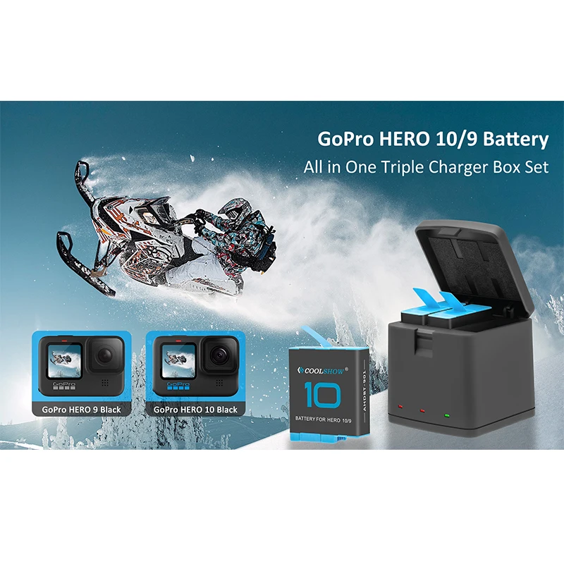 Coolshow-Accesorios de batería para Gopro Hero 10, cargador de batería de cámara de 1800mah, color negro, 11, 12, 10, 9
