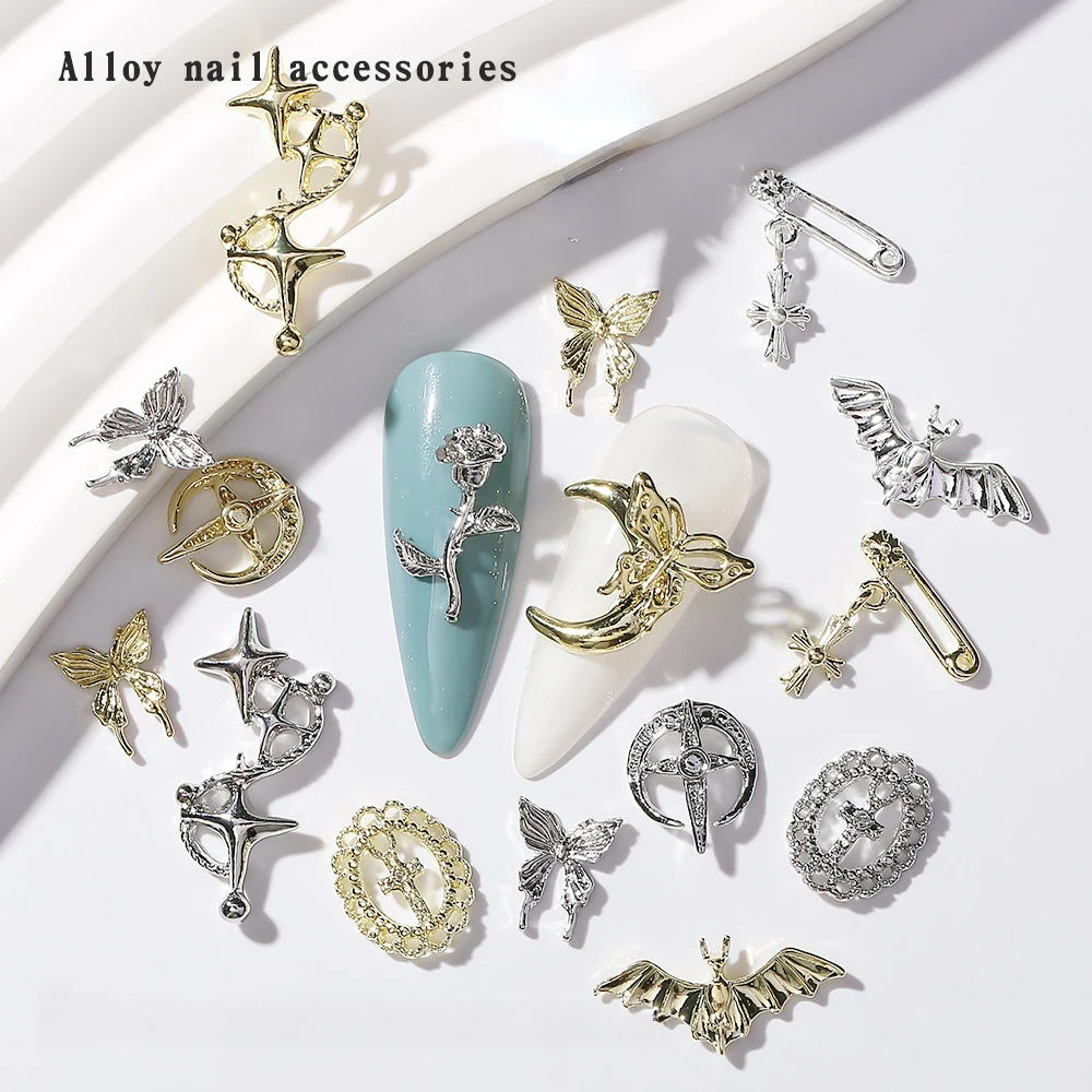 3d Halloween Nails Figures Bat Decoration Punk Metal Butterfly Chain Rose Halloween Japanese Nail Charms Manicure Diy Jewelry