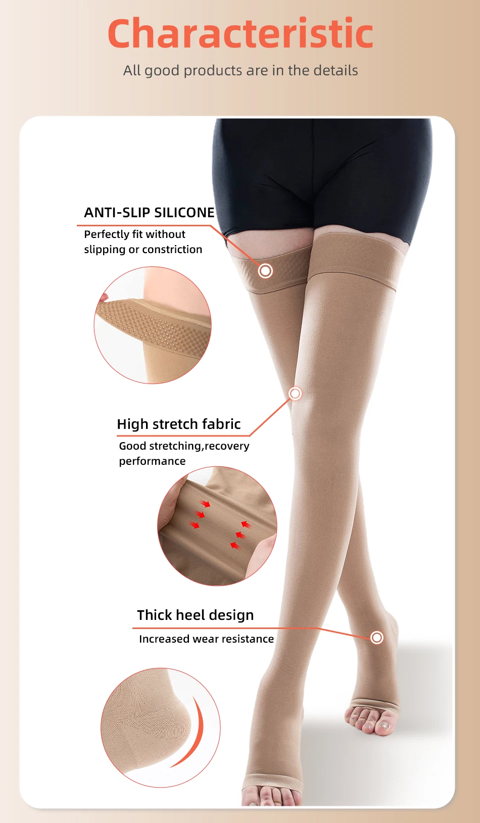 Offene Zehenpartie, Kompressionsstrümpfe der Klasse 3, über dem Knie, Unisex, 34-46 mmHg, Kompressionssocken für Krampfadern, extra groß 3XL 4XL 5XL – Detail 6