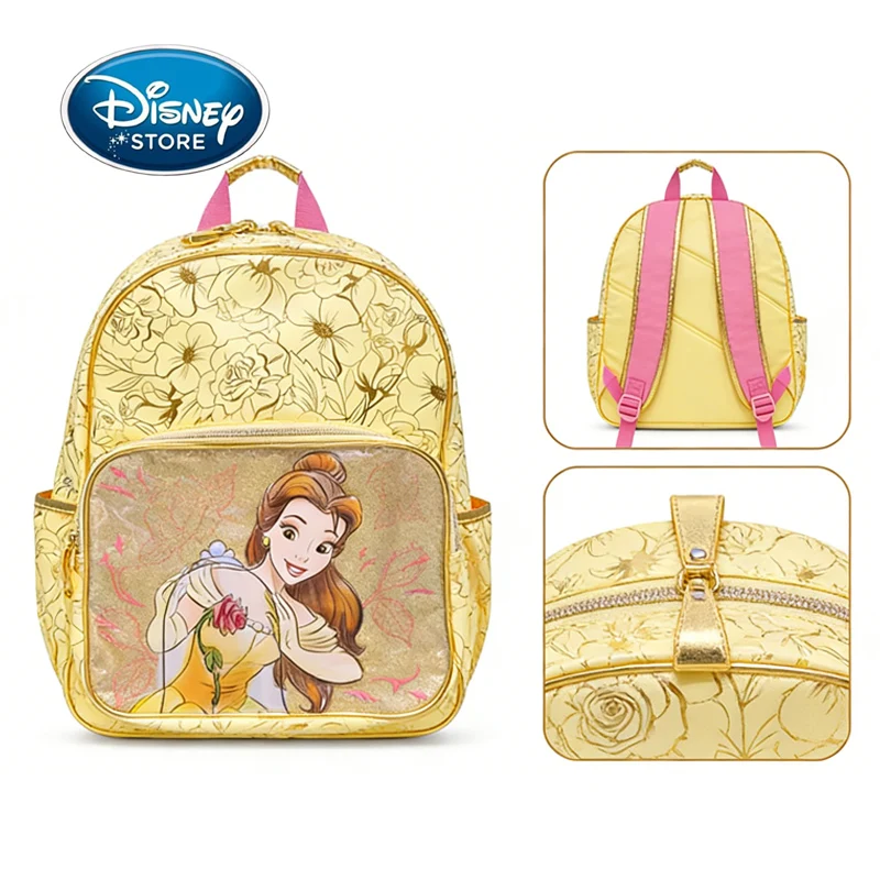 zaino-disney-la-bella-e-la-bestia-con-belle-40x30cm-stampa-floreale-rosa-dorata-borsa-scuola-per-ragazze-e-spallacci-regolabili