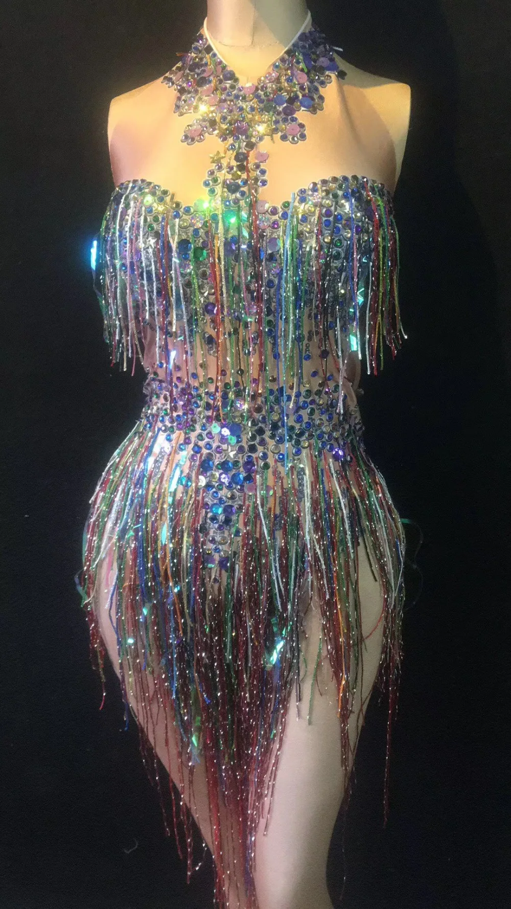 

Colorful Fringes Bodysuit with Rhinestones Women Stage Dance Costume Nightclub Dance Female Singer Show Bright Leotard