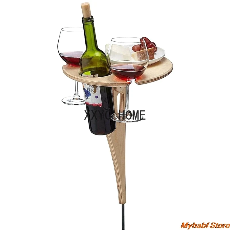 Creative Foldable Wine Table with Round Desktop Wooden Wine Glass Goblet Holder for Outdoor Picnic Camping Portable Wine Rack