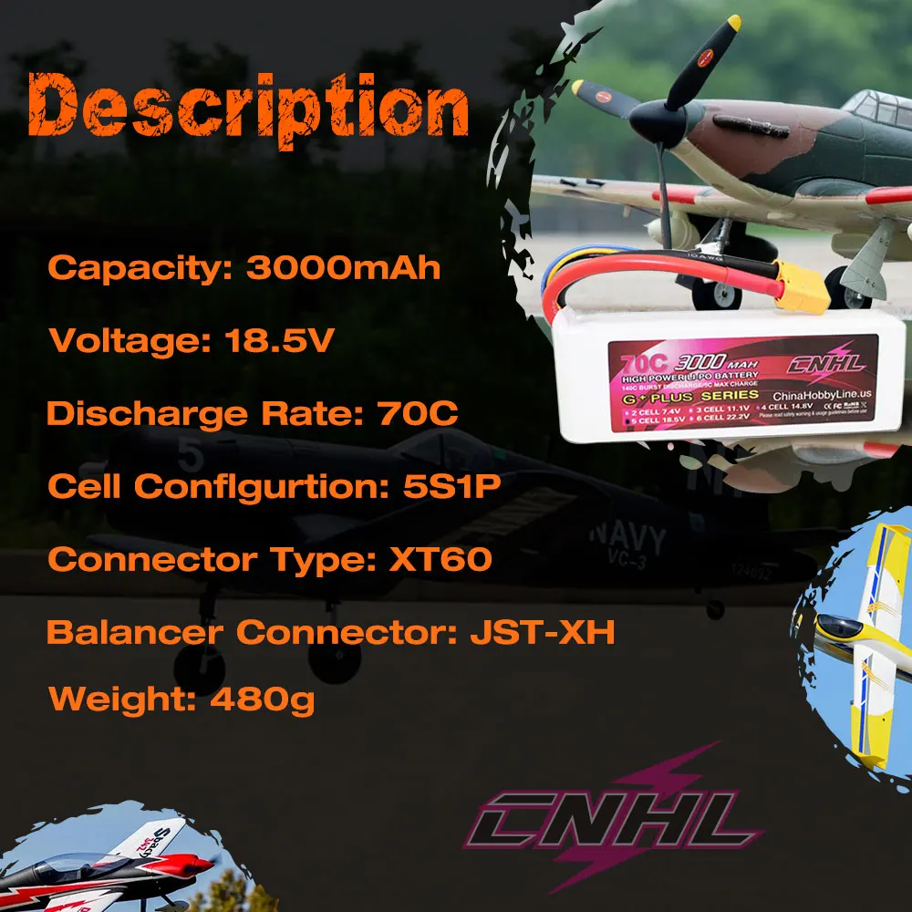 CNHL 5S 18.5V 3000MAh Lipo แบตเตอรี่70C พร้อม XT90ปลั๊ก G + PLUS สำหรับเฮลิคอปเตอร์ RC Quadcopter เครื่องบิน Drone FPV รถเรือ Part