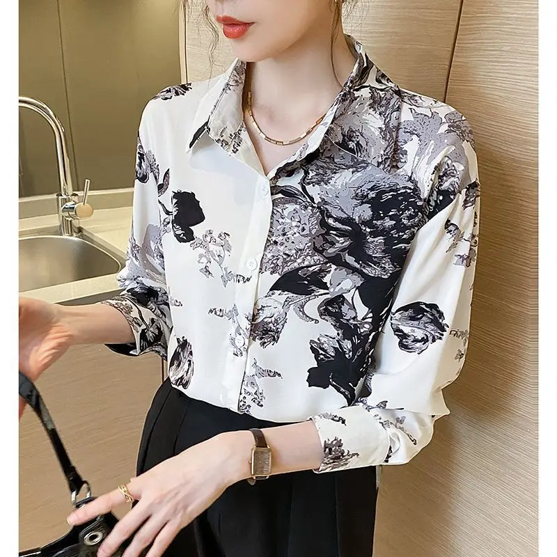 Spring Autumn New Fashion Polo Collar Long Sleeve Printed Blouse Casual Versatile Western Commuting Sweet Clothing Women Shirts