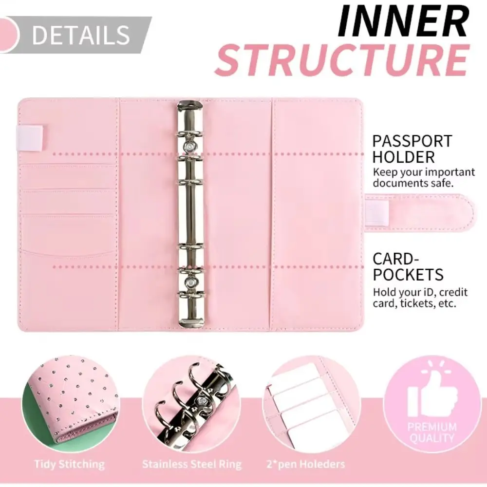 Rainstone Patterned Cover Money Saving Binder 6-Ring Compact Savings Challenges Book Tear Resistant PU Leather