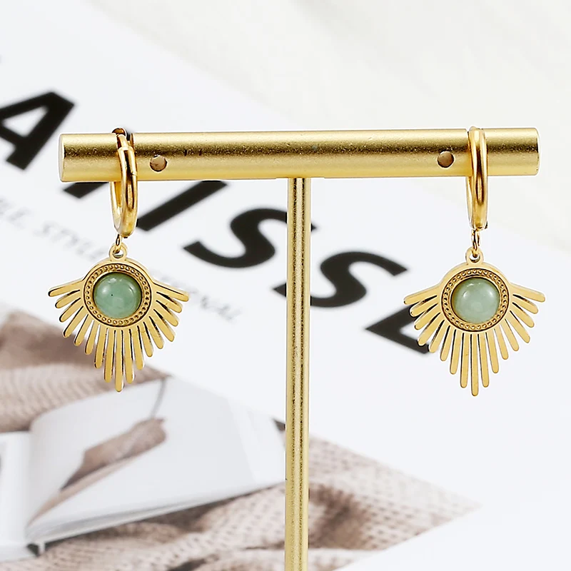 

High Quality Titanium Plated Steel European and American Stainless Steel Earrings Fan Shape Natural Stone Drop Earrings