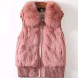 Women's Genuine Real Rabbit Fur Fox Fur Collar Knitting  Women's Winter vest Fur Jacket Casual Short Outwear Slim with zipper