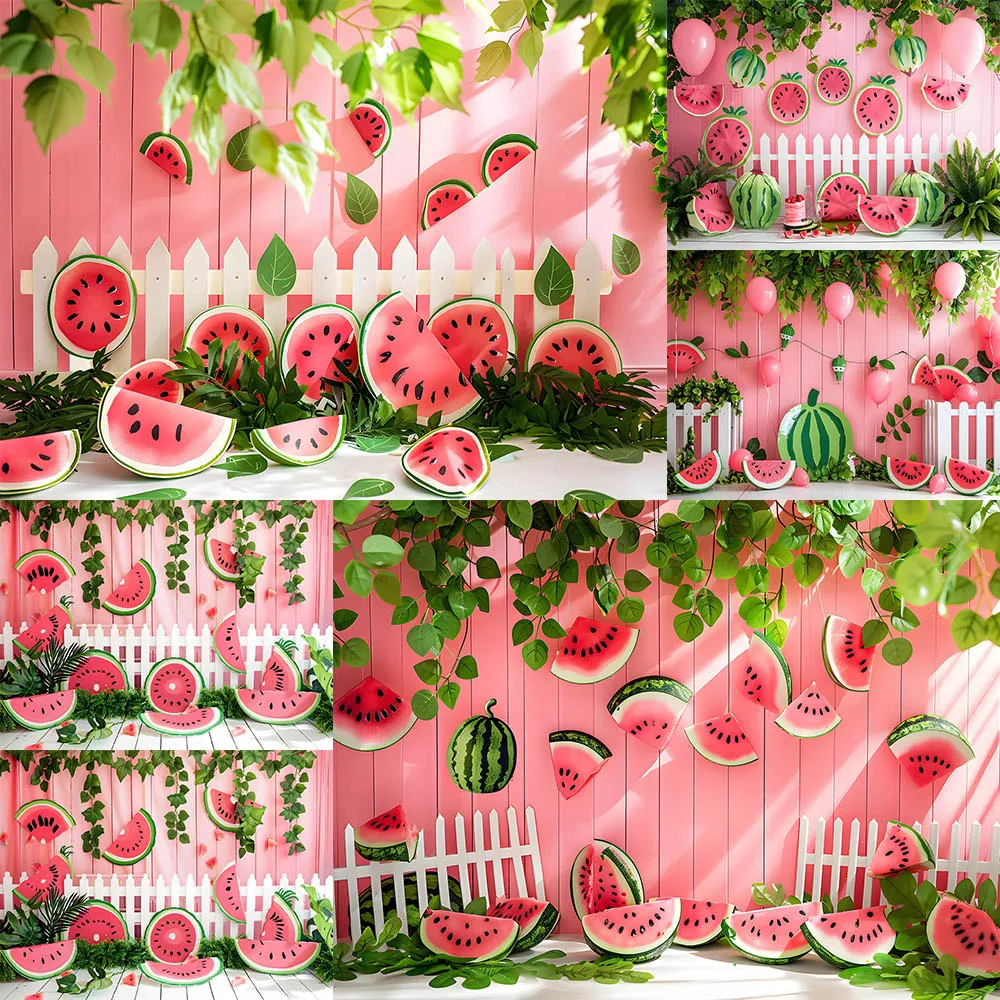 Summer Watermelon Theme Photography Background Palm Leaves White Fence Party Decoration Baby Shower Cake Smash Studio Props