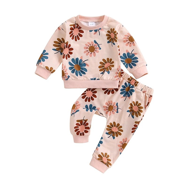 Toddler Girl Fall Outfits Flower Print Crew Neck Long Sleeve Sweatshirts and Long Pants 2Pcs Clothes Set