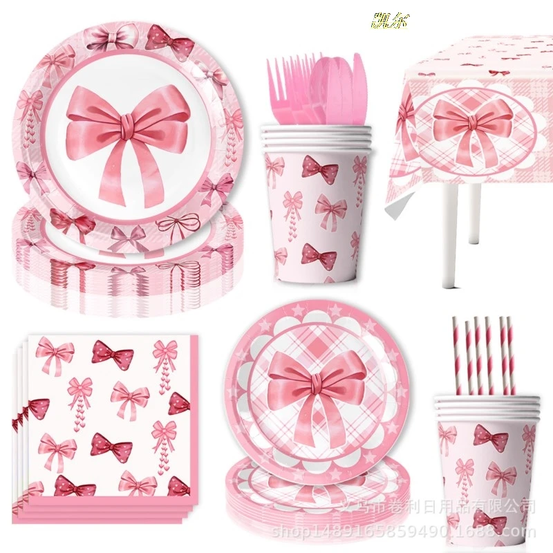 Vajilla para fiesta de cumpleaños con tema de lazo rosa, plato de papel, vaso de papel, toalla de papel, mantel, bandera, cuchillo y tenedor, suministros