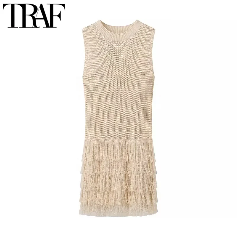 TRAF Short Dresses 2024 Summer Women\'s Elegant Party Mini Knitted Dreses Ladies Fashion Casual SLeeveless Khaki Women Dresses