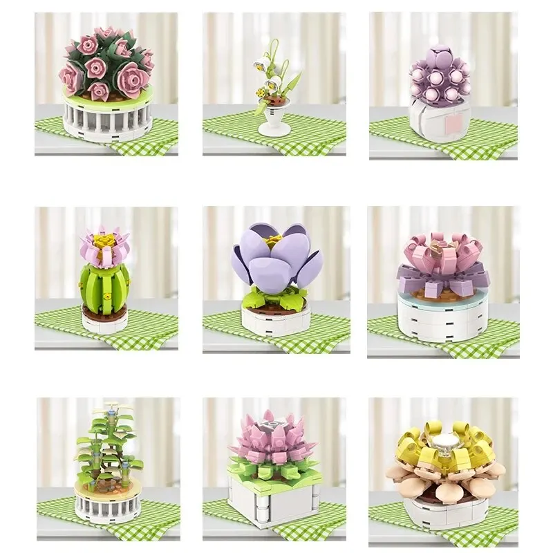 Bouquet Moc Block Flower Succulents Bonsai Potted Building Blocks Romantic Kit Assembly Bricks Toys For Kids Girl Birthday Gifts image 3