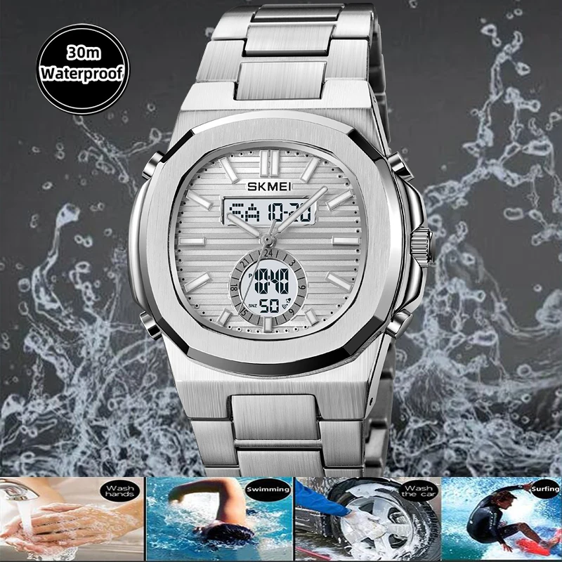 Skmei Analog Digital Display Mens Bracelet Watches Three Time Zone LED Waterproof Quartz Sports Chronograph Male Alarm Clock