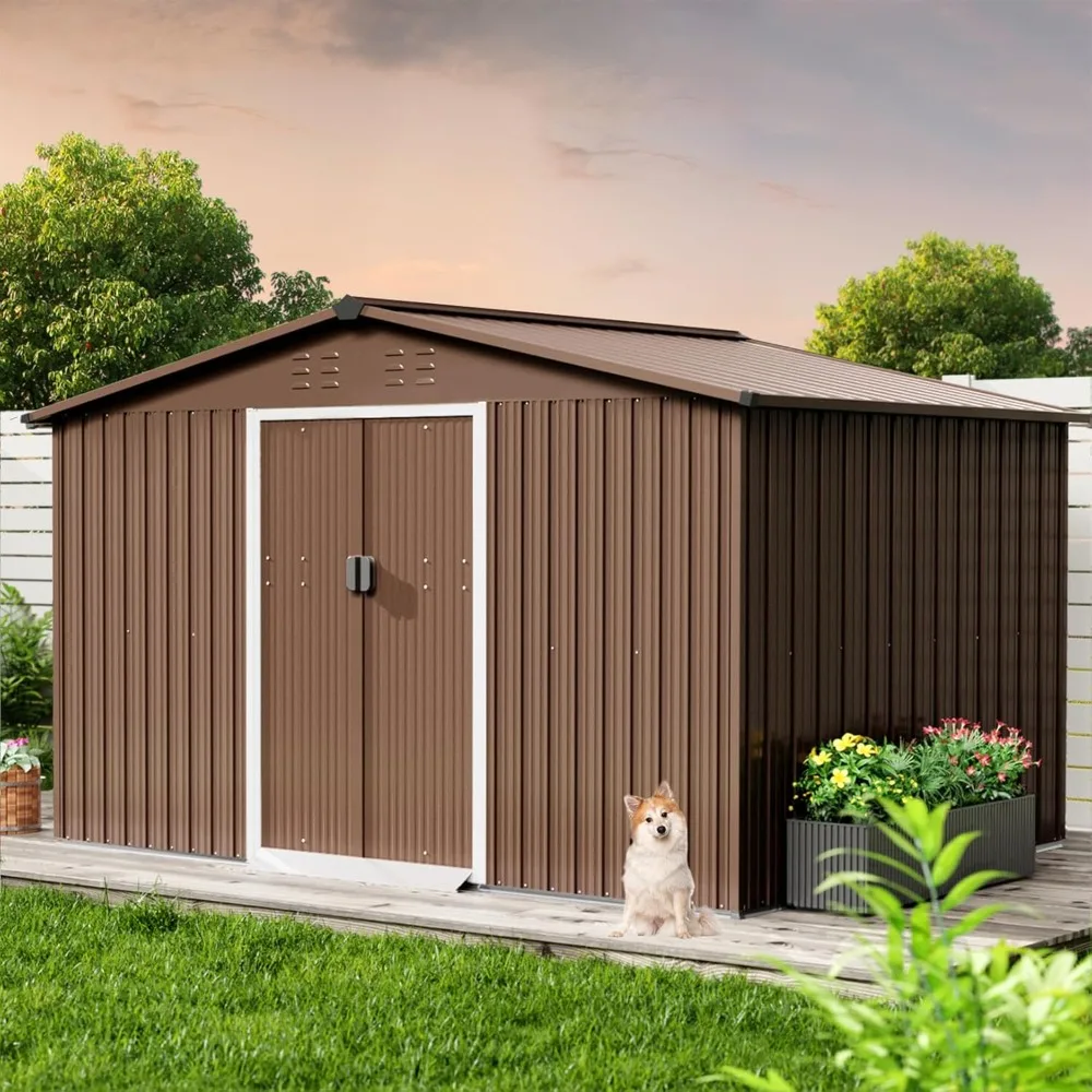 

10x10 FT Outdoor Metal Storage Shed, Large Garden Tool Shed with Lockable Door and Vents, Waterproof Galvanized Metal Sh