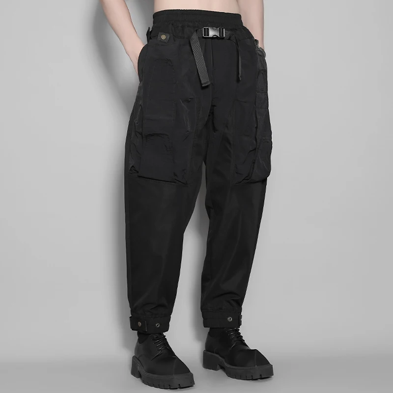 

Original Design Men's Trendy Cargo Pants Black Personality Pocket With Belt Elastic Waist Aesthetic Hip-Hop Streetwear