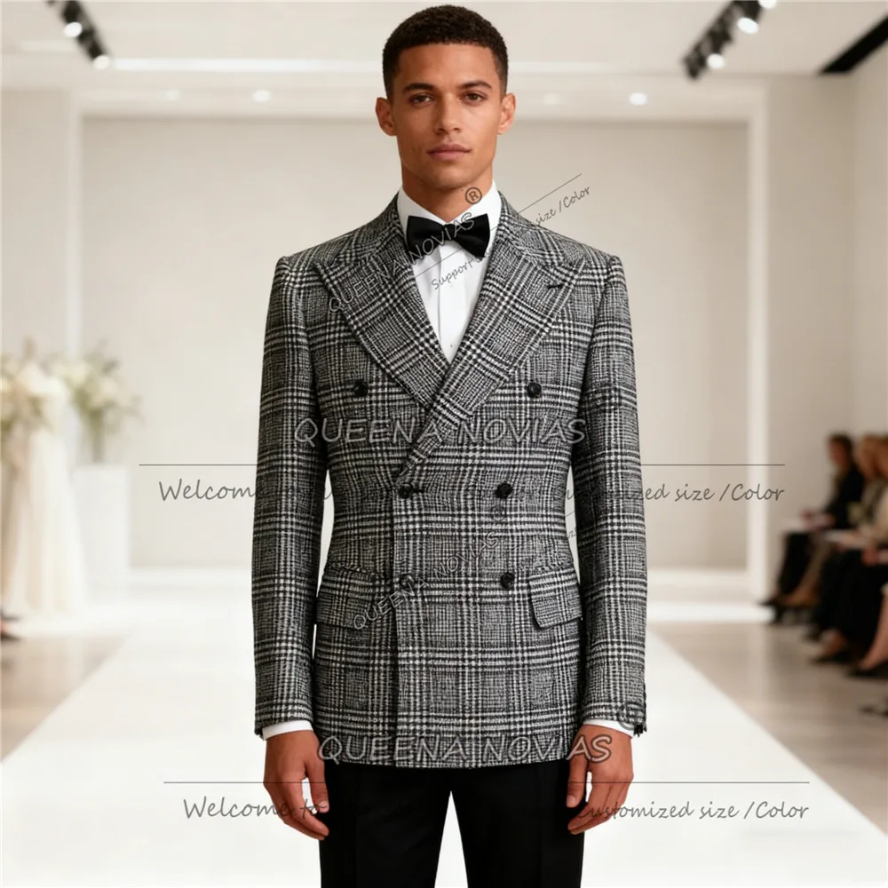 الكلاسيكية houndstooth منقوشة دعوى الرجال مزدوجة الصدر سترة السراويل 2 قطعة مجموعة العريس الزفاف البدلات الرسمية مخصصة trajes الفقرة hombre #2