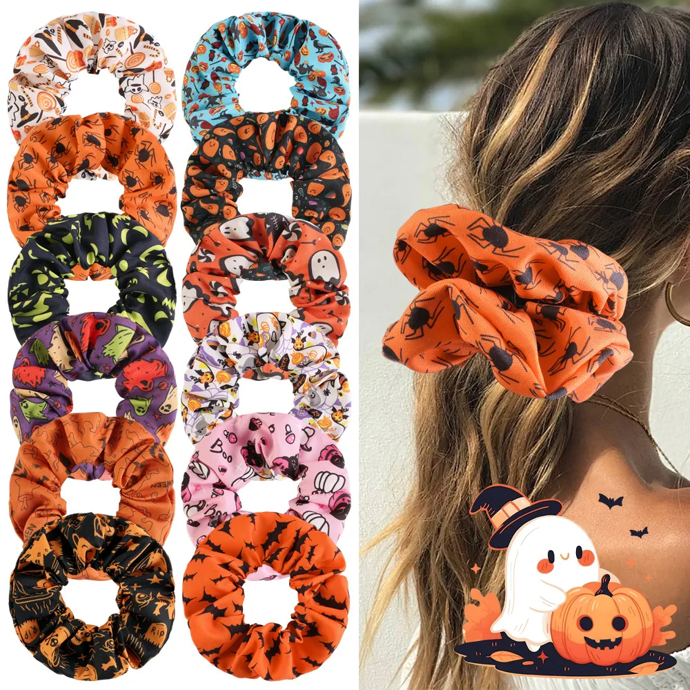 12PCS Ikat Rambut Usus Besar Atmosfer Halloween Baru, Kain Elastis Tinggi, Ikat Rambut Wanita, Aksesoris Rambut