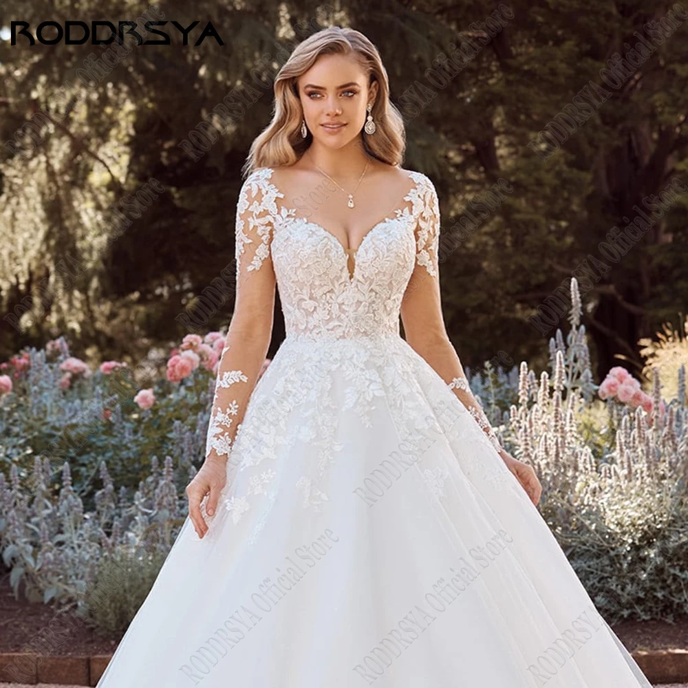 RODDRSYA Elegant Wedding Dressses New 2023 A-Line Long Sleeves V-Neck Bride Gowns Lace Applique Classic Tulle vestidos de novia