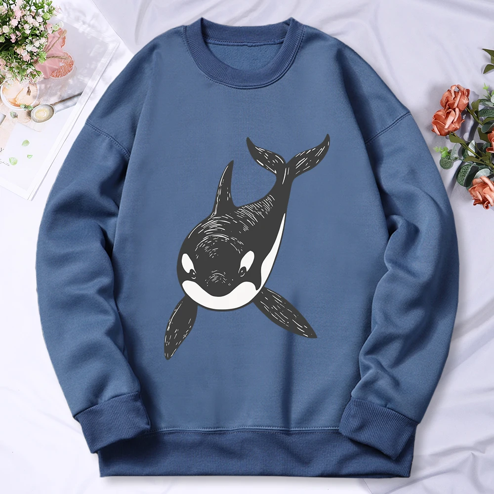 A Whale Swimming Towards You Print Pullover Men Autumn Loose Hoodie Casual Fleece Clothes All-Match O-Neck Unisex Long Sleeve