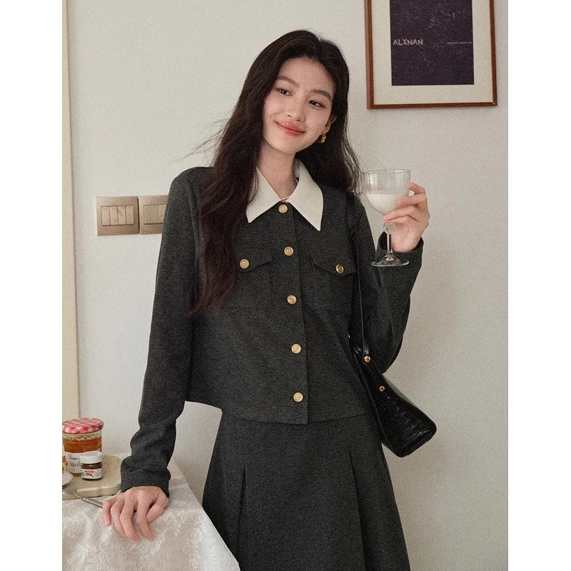 ALXNAN gris vêtements d'extérieur court col rabattu poches épaule régulière Premium veste de luxe métal boutonné manteaux de bureau L578127