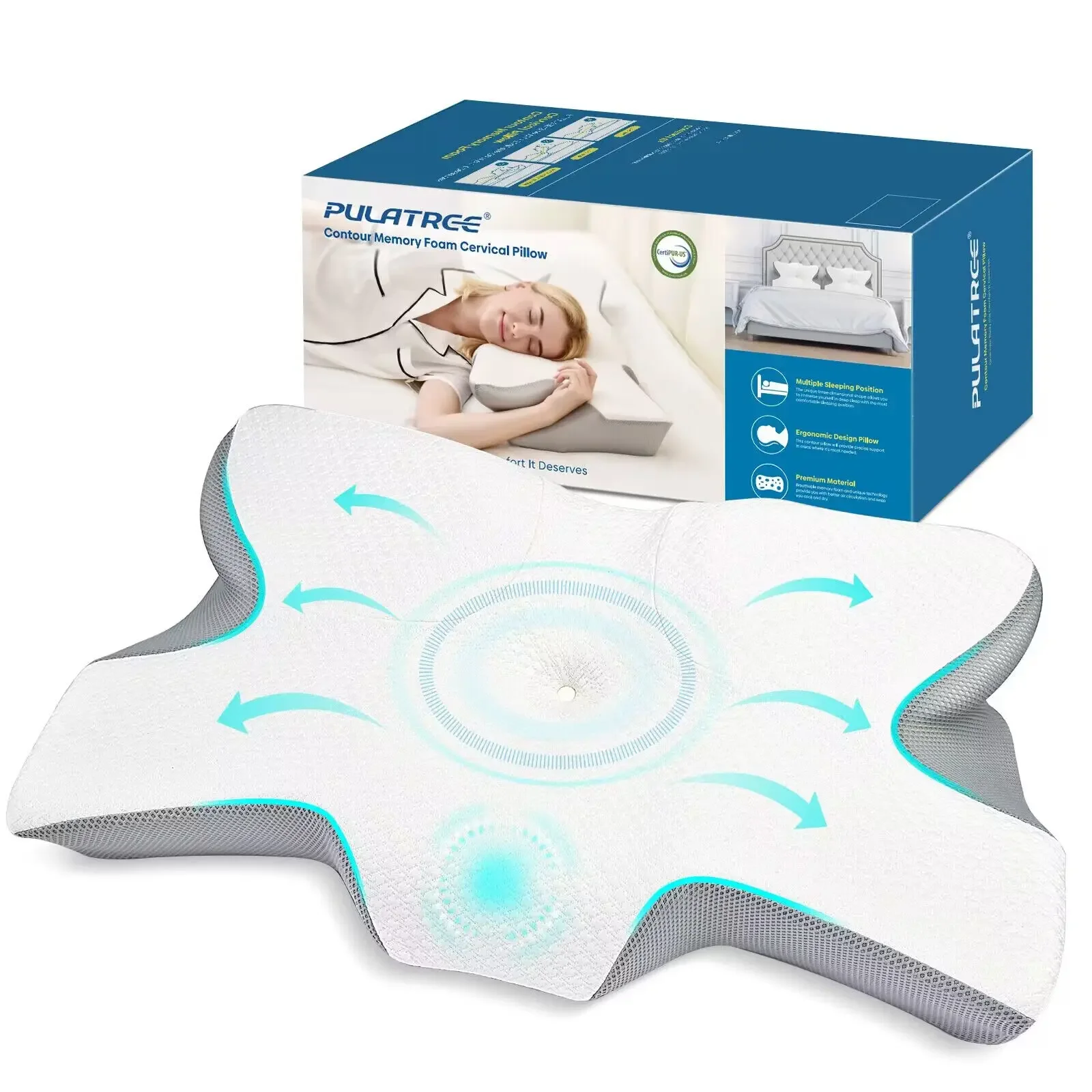 Pulatree-almohada ortopédica sin olor para el dolor de cuello y hombros, almohada Cervical ergonómica de espuma viscoelástica para dormir